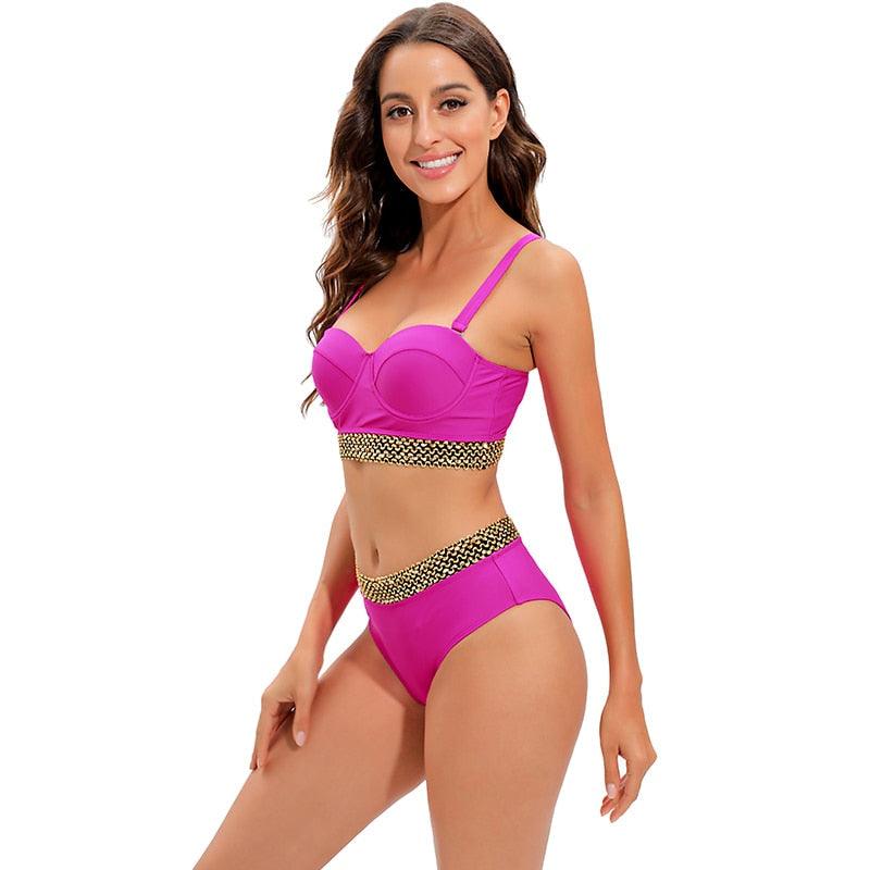 AVJ Market Collection 2 Pieces Women Swimsuit Women's High Waist Bikini Set Fashion puff Sleeve Swimwear Set Bathing Suits Solid Color Short Puff Sleeve Summer High Waist Cut Backless Bathing Suit Beachwear
