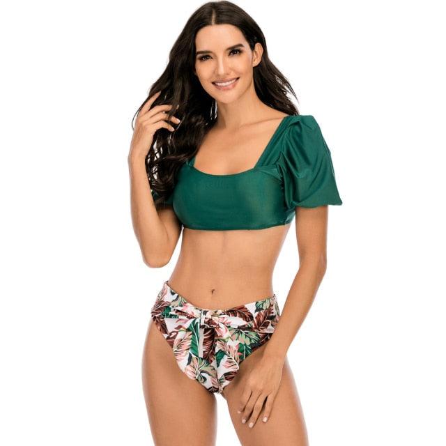 AVJ Market Collection 2 Pieces Women Swimsuit Women's High Waist Bikini Set Fashion puff Sleeve Swimwear Set Bathing Suits Solid Color Short Puff Sleeve Summer High Waist Cut Backless Bathing Suit Beachwear
