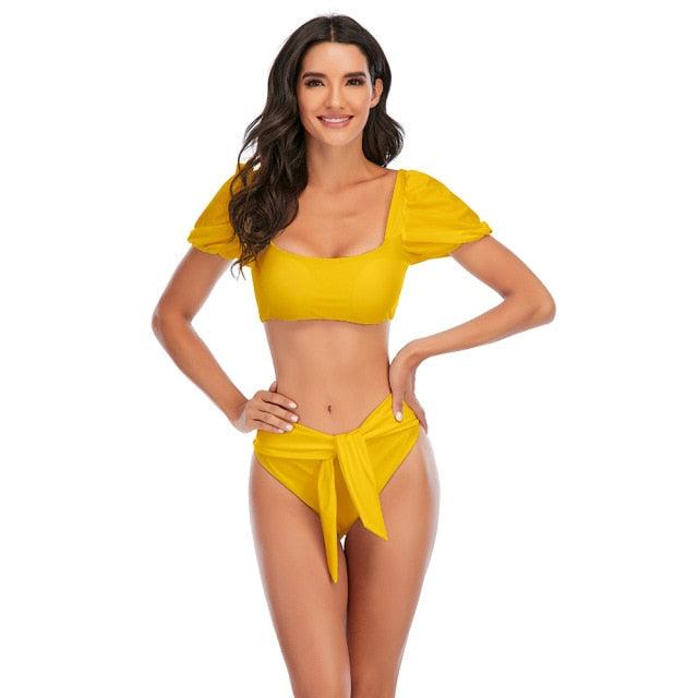 AVJ Market Collection 2 Pieces Women Swimsuit Women's High Waist Bikini Set Fashion puff Sleeve Swimwear Set Bathing Suits Solid Color Short Puff Sleeve Summer High Waist Cut Backless Bathing Suit Beachwear