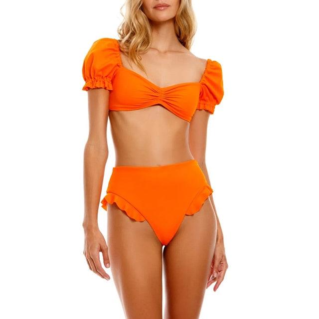 AVJ Market Collection 2 Pieces Women Swimsuit Women's High Waist Bikini Set Fashion puff Sleeve Swimwear Set Bathing Suits Solid Color Short Puff Sleeve Summer High Waist Cut Backless Bathing Suit Beachwear