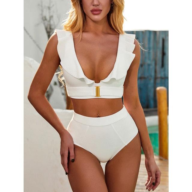 AVJ Market Collection 2 Pieces Women Swimsuit Women's High Waist Bikini Set Fashion puff Sleeve Swimwear Set Bathing Suits Solid Color Short Puff Sleeve Summer High Waist Cut Backless Bathing Suit Beachwear