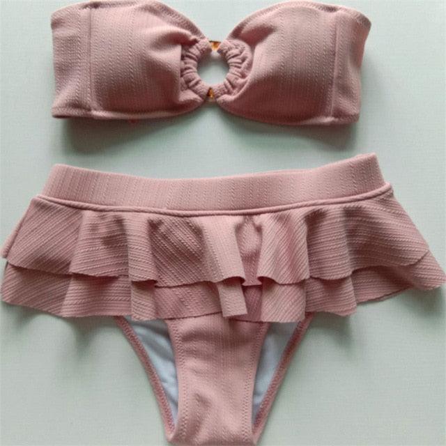 Avj Market Women Ruffle Bikini Summer Two Pieces Solid Pink Swimwear Push Up Bather Suit Women Charming Color Tummy Control Swimwear Plus Size Swim Dress Swimsuit Two Piece Bathing Suits
