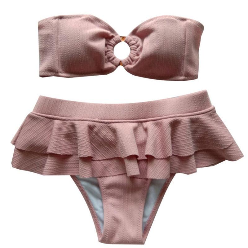 Avj Market Women Ruffle Bikini Summer Two Pieces Solid Pink Swimwear Push Up Bather Suit Women Charming Color Tummy Control Swimwear Plus Size Swim Dress Swimsuit Two Piece Bathing Suits